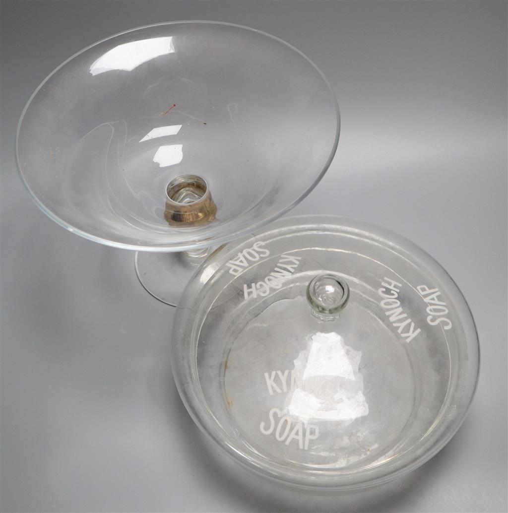An advertising sign Kynoch Soap lidded bowl and a glass pedestal bowl, largest diameter 30cm